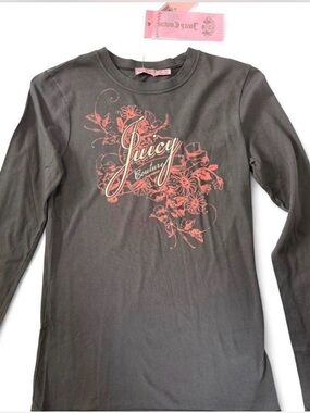 Y2K Juicy Couture Gray Long Sleeve Tee with Pink Floral Logo
